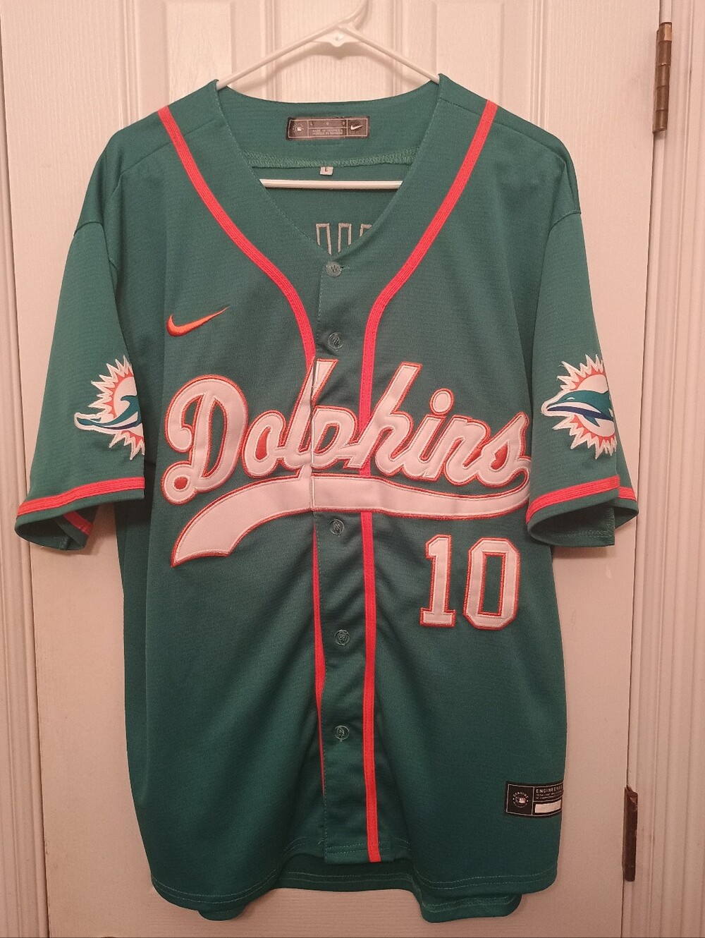 Nike Teal and Coral Miami Dolphins Baseball Jersey Tyreek Hill #10 Large